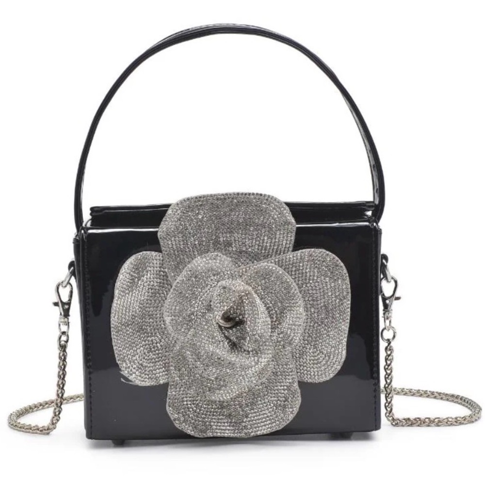 Itzel Evening Black Satin Top Handle with Crystal Flower Accent and Chain Strap